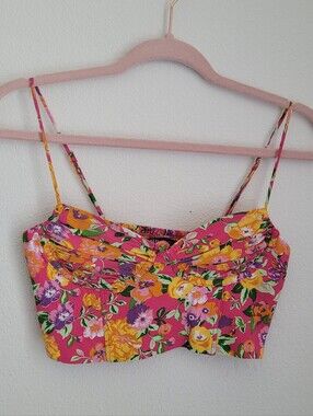 Zara Floral Bustier Crop Top Pink Orange Corset Style Smocked Back Sz S Tropical